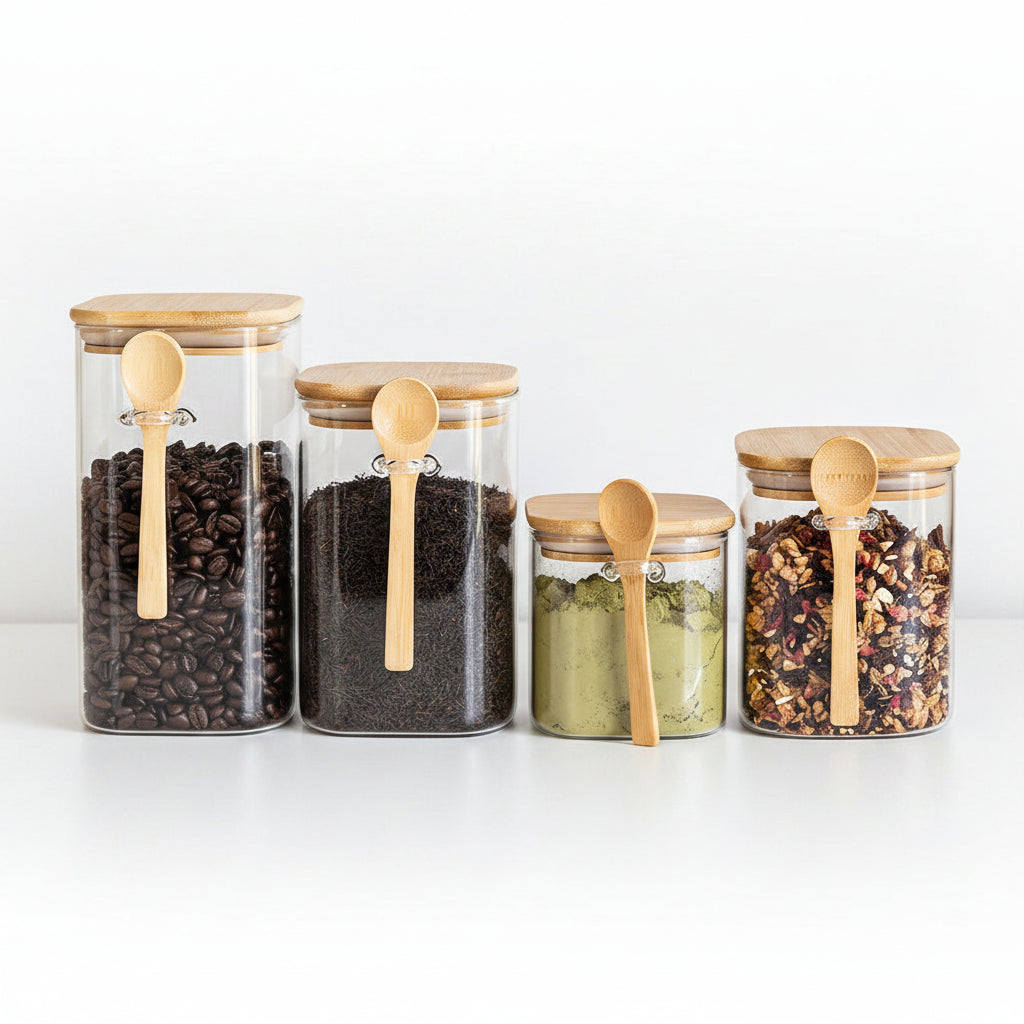 Bundle of 4 Square Glass Jars (44 oz) with spoon
