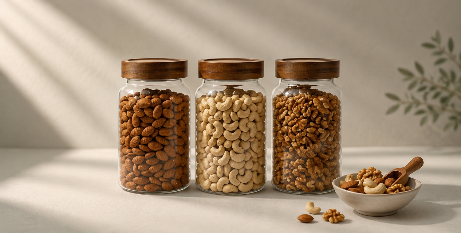 Three glass canisters with dark acacia wood screw lids, filled with almonds, cashews and walnuts