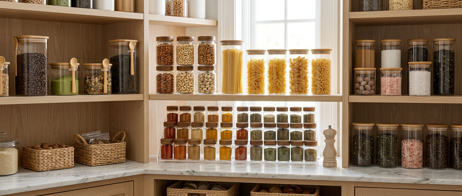 Glass pantry jars filled with chickpeas, pasta, kidney beans and lentils on a kitchen counter