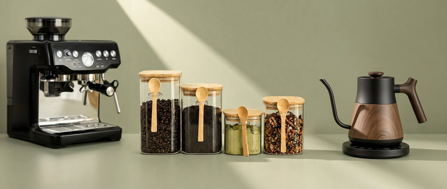 Four square glass jars with bamboo lids and wooden scoops, holding coffee beans, tea, matcha and dried fruit