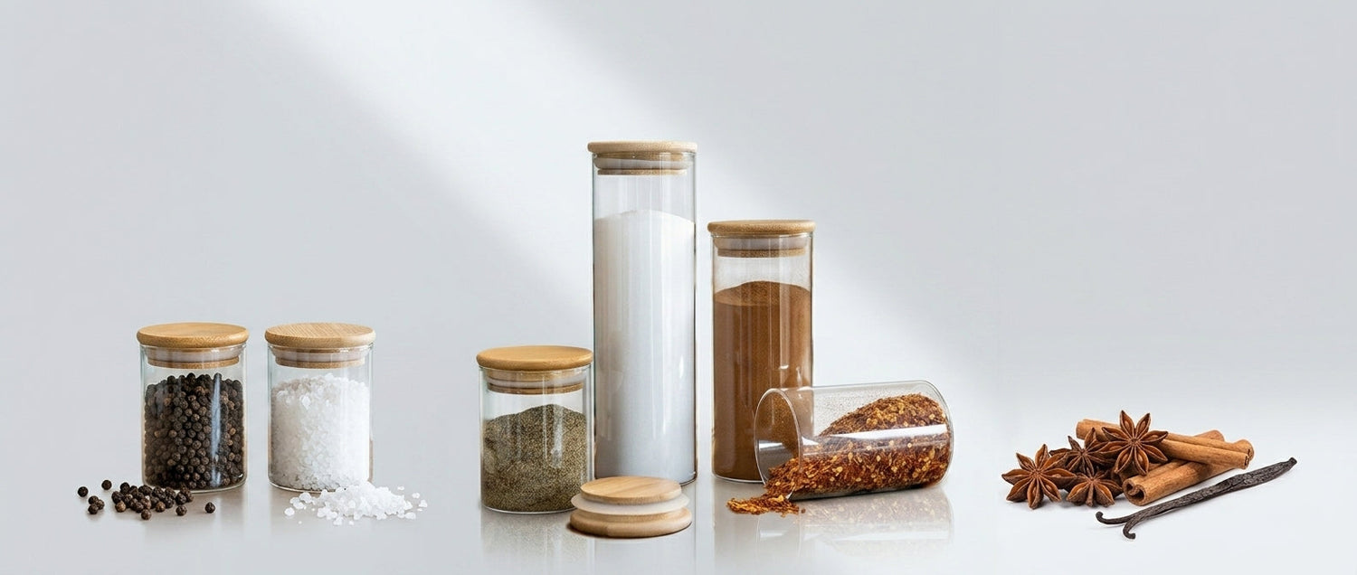 Small glass spice jars with bamboo lids holding pepper, salt, cinnamon and chilli flakes