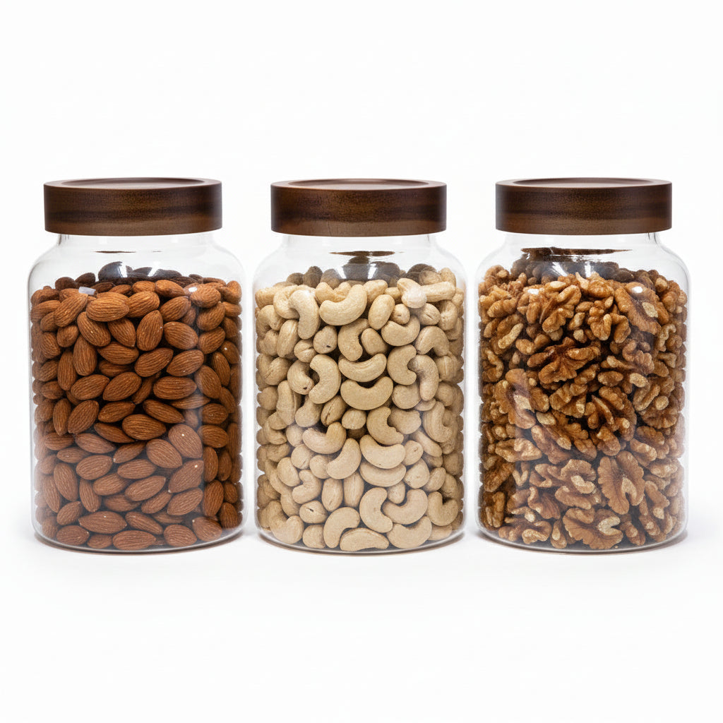 SET of 3 PREMIUM Large Acacia Lid Jars (90 oz), Secure Lid Spice Jars, Acacia Screw Cap Jars