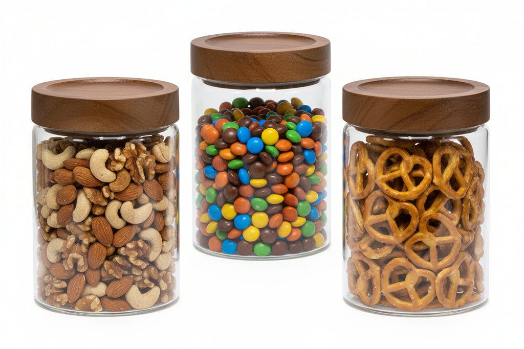 SET of 3 PREMIUM Large Acacia Lid Jars (50 oz), Secure Lid Spice Jars, Acacia Screw Cap Jars