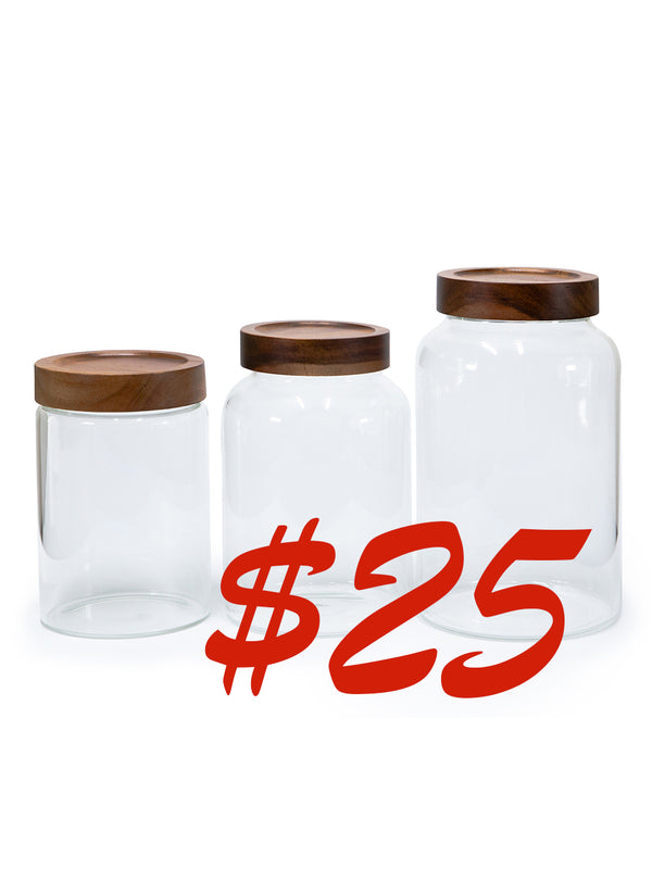 Set of 3 PREMIUM Large Acacia Lid Jars (50, 90, 120 oz), Secure Lid Spice Jars, Acacia Screw Cap Jars
