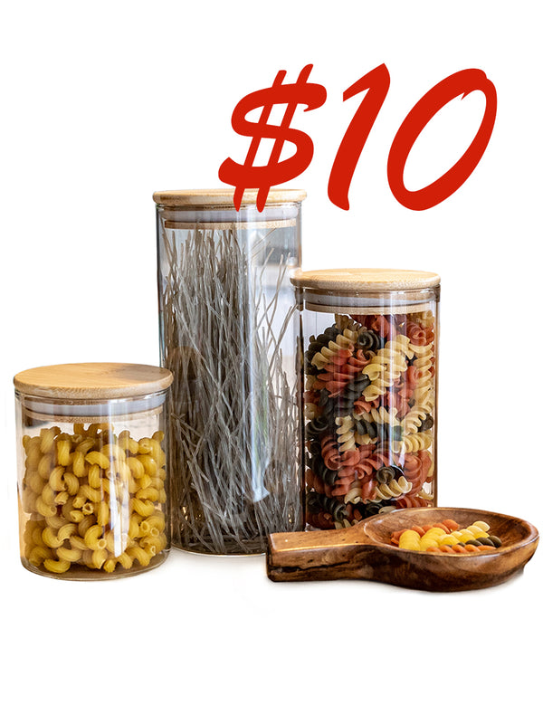 Set of 3 Round Bamboo Lid Jars (17 oz, 27 oz, 32 oz), Airtight Container, Food Storage Container,