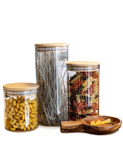 Bundle of 3 same size, Round Bamboo Lid Jars (27 oz), Airtight Container, Food Storage Container