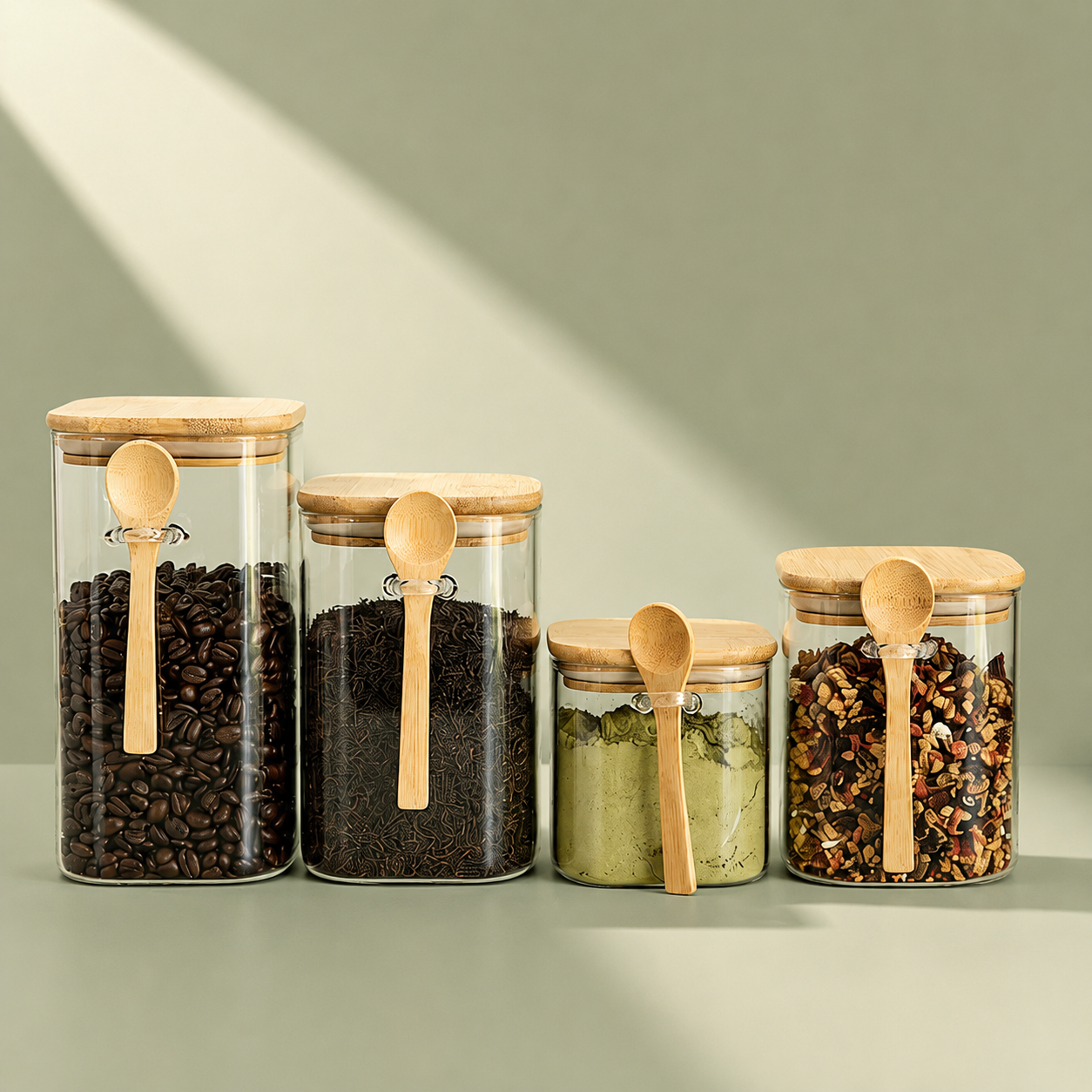Bundle of 4 Square Glass Jars (25 oz) with spoon