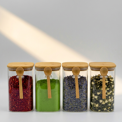 Bundle of 4 Square Glass Jars (44 oz) with spoon