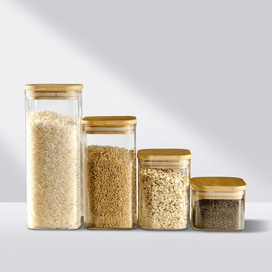 Bundles of 4 Square Jars (6, 13, 22, 27 oz.) Bamboo Lid