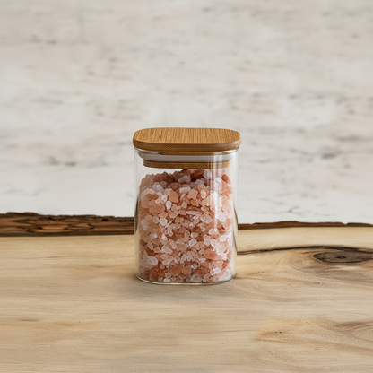 A clear glass jar filled with pink Himalayan salt, featuring a light bamboo lid, set on a light wood surface against a neutral marble background.