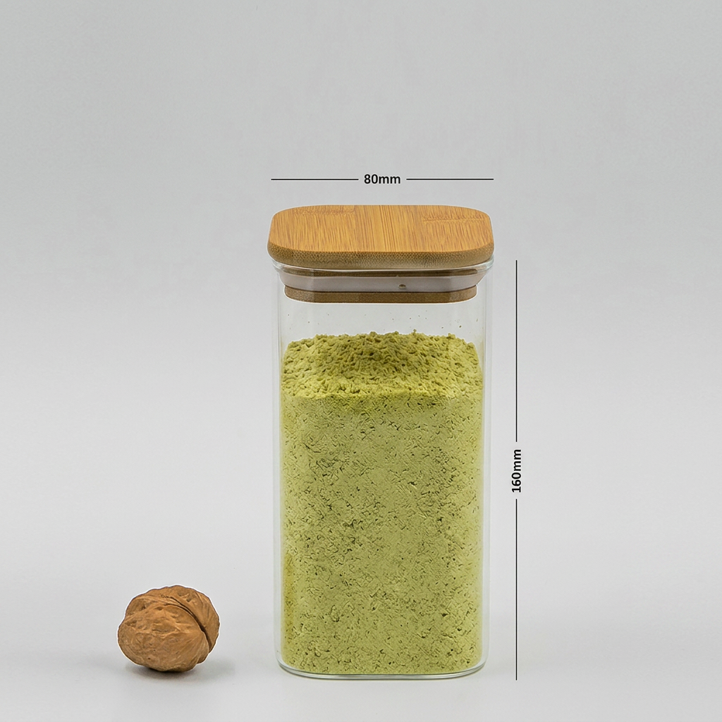 A clear glass storage jar with a light bamboo lid, filled with green powder, shown on a light gray background with a walnut and dimension lines indicating 80mm width and 160mm height.
