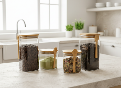 Bundle of 4 Square Glass Jars (44 oz) with spoon
