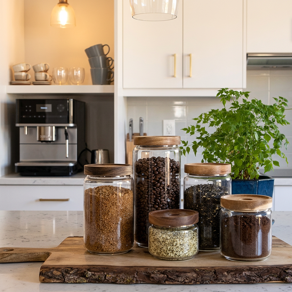 Five clear glass canisters with wooden lids are arranged on a wooden board in a bright kitchen. The jars contain brown coffee beans, ground coffee, grains, and seeds, with a green potted plant in the background.