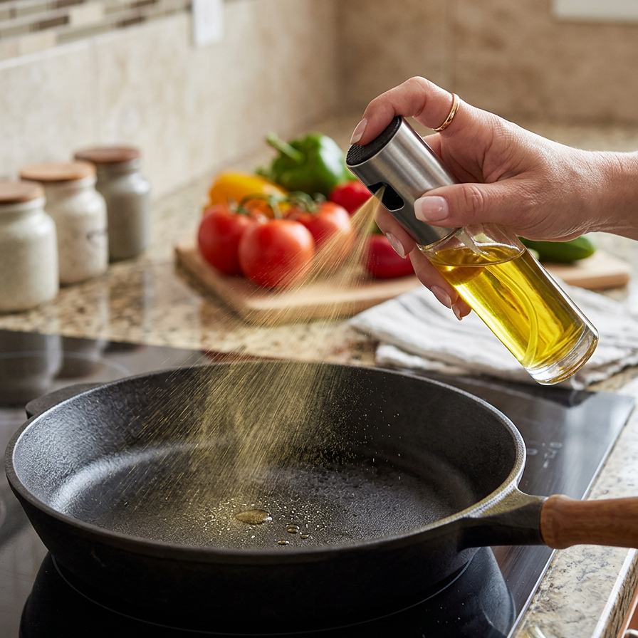 A hand holding a clear bottle of golden olive oil sprays oil onto a black cast iron skillet placed on a black induction cooktop in a kitchen setting.