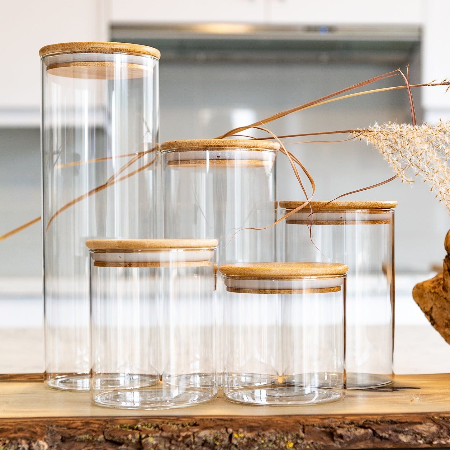Units Of Round Bamboo Lid Jars (27 oz, 40 oz, 50 oz, 77 oz, 100 oz), Pasta Container,  Flour Container, Cereal Container