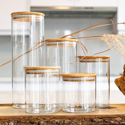 Units Of Round Bamboo Lid Jars (27 oz, 40 oz, 50 oz, 77 oz, 100 oz), Pasta Container,  Flour Container, Cereal Container