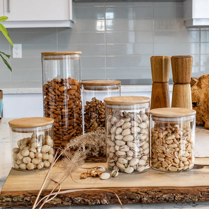 Units Of Round Bamboo Lid Jars (27 oz, 40 oz, 50 oz, 77 oz, 100 oz), Pasta Container,  Flour Container, Cereal Container