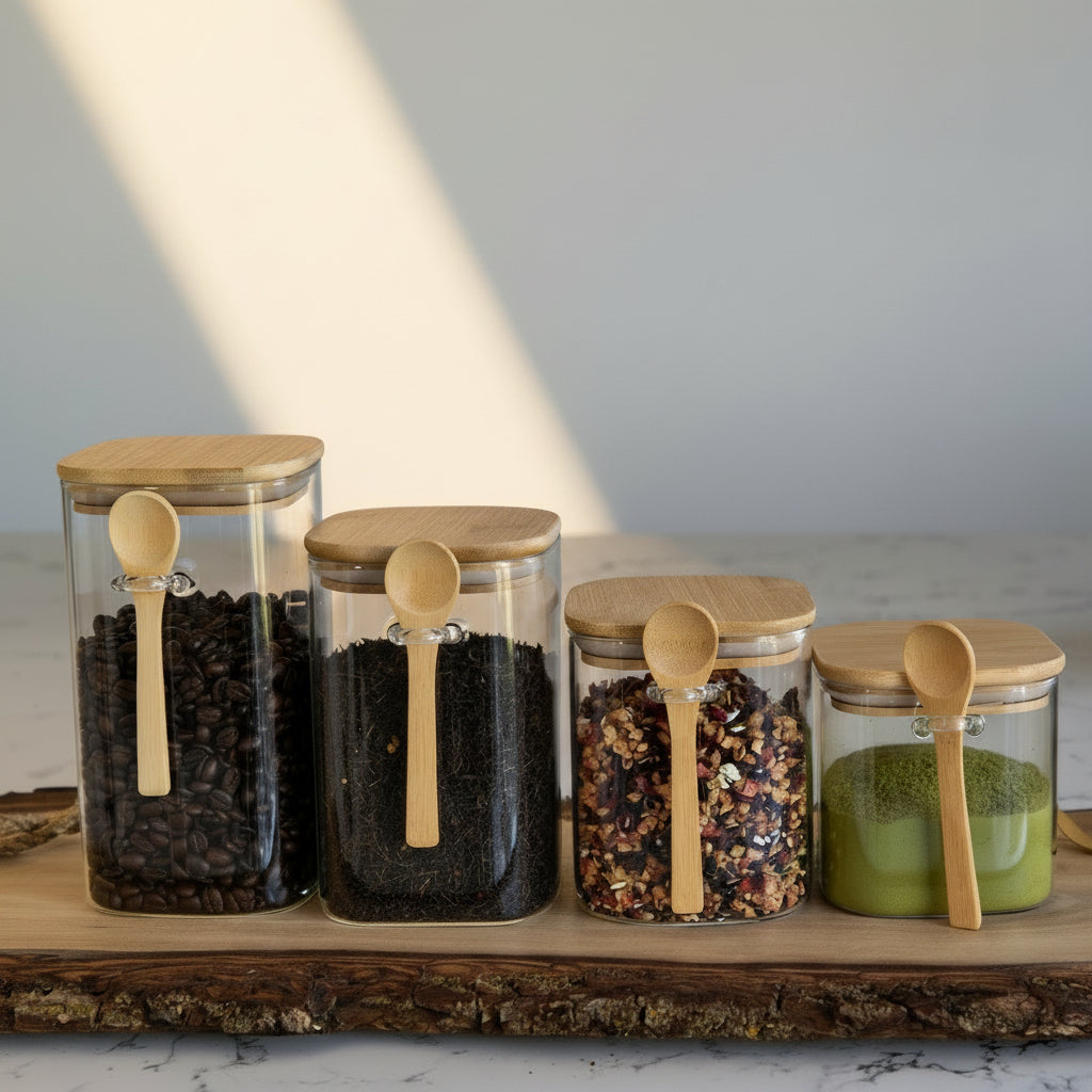 Bundle of 4 Size Tea & Coffee Square Jars (18.5, 25, 34, 44 oz.), Airtight Container, Food Containers, glass containers with lids