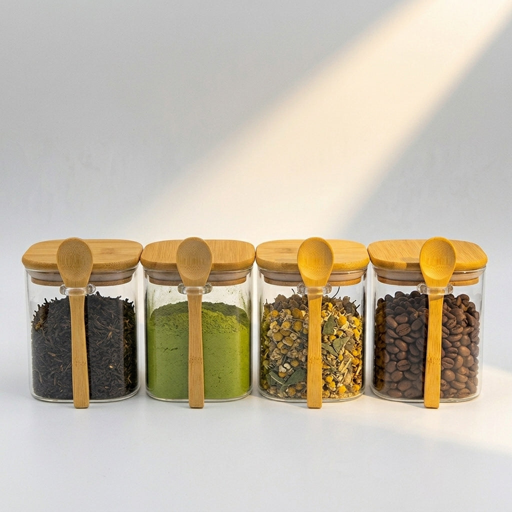 Bundle of 4 Square Glass Jars (18 oz) with spoon