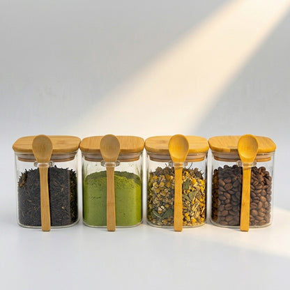 Bundle of 4 Square Glass Jars (18 oz) with spoon