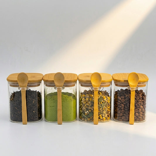 Bundle of 4 Square Glass Jars (18 oz) with spoon