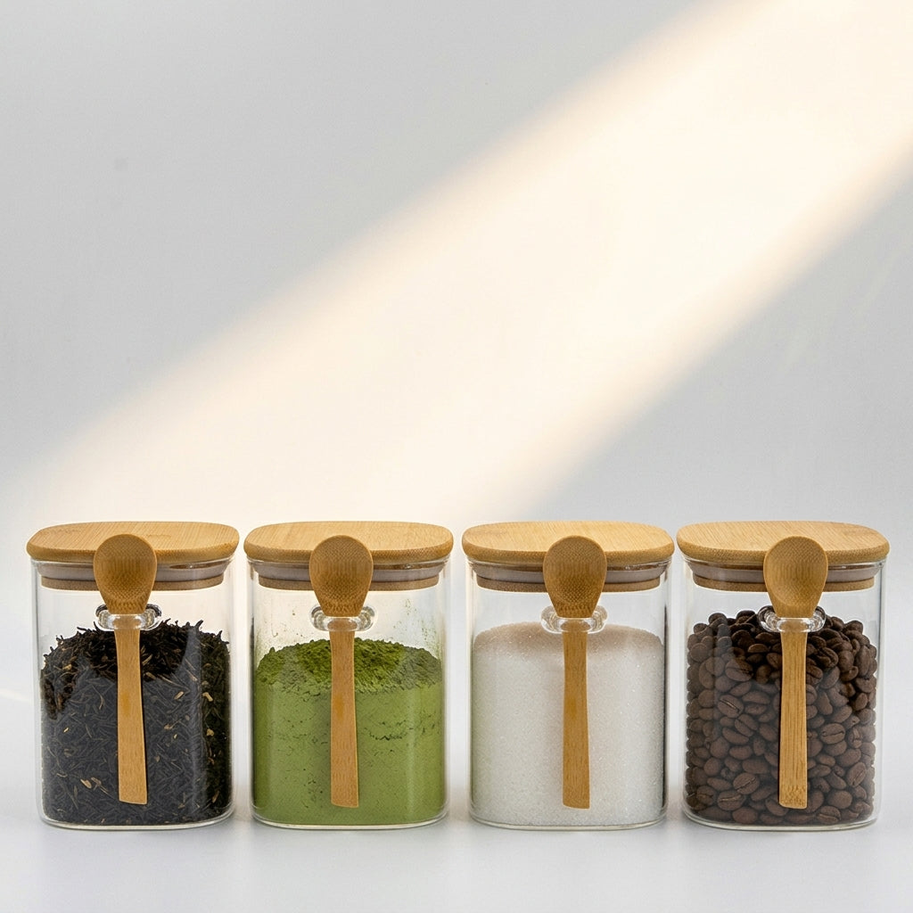 Bundle of 4 Square Glass Jars (25 oz) with spoon