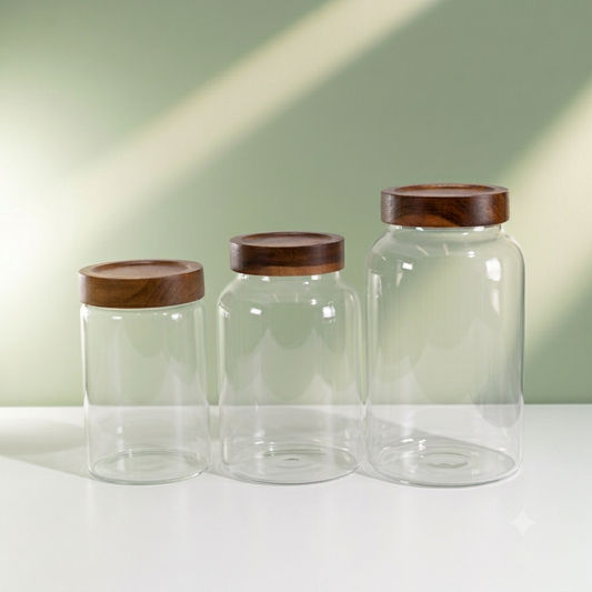 Units of 3 PREMIUM Acacia Lid Jars (50, 90, 120 oz), Secure Lid Spice Jars, Acacia Screw Cap Jars, Premium Food Jars - Storage Containers-NEW