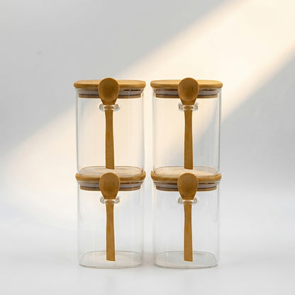 Bundle of 4 Square Glass Jars (25 oz) with spoon