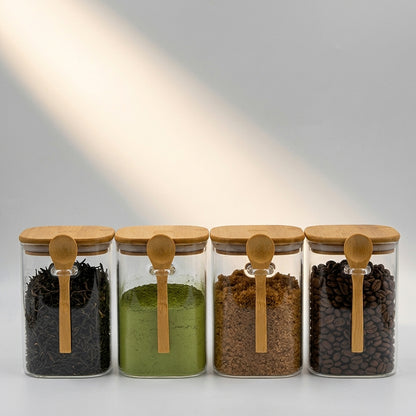 Bundle of 4 Square Glass Jars (34oz) with spoon
