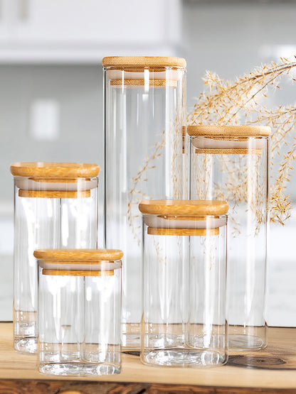 Units of Square Bamboo Lid Jars 2.5" wide (6 oz, 7.5 oz, 11 oz, 13.5 oz, 16 oz), Food Containers, Jars for Spices