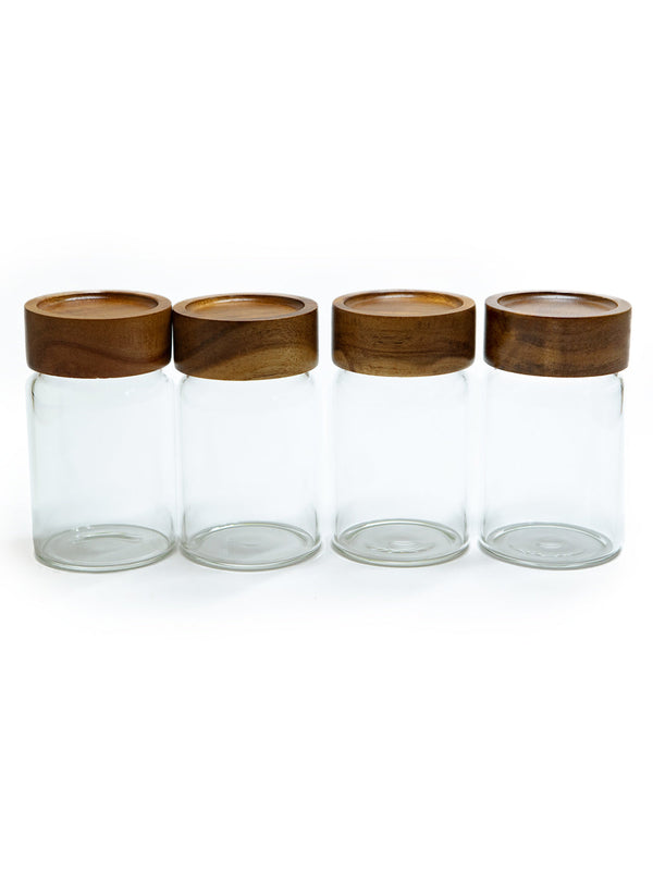 Set of 4 PREMIUM Acacia Lid Spice Jars (7.5 oz), Secure Lid Spice Jars, Acacia Screw Cap Jars