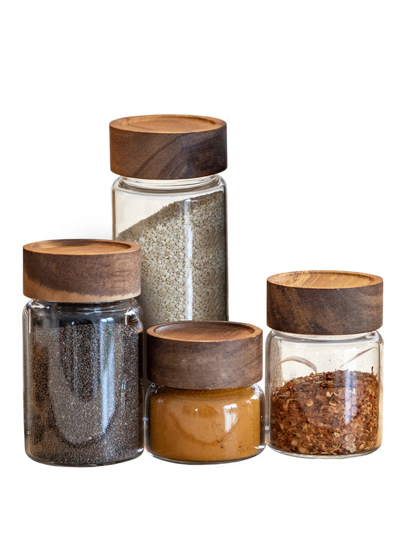 Set of 4 PREMIUM Acacia Lid Spice Jars (5.5 oz), Secure Lid Spice Jars, Acacia Screw Cap Jars