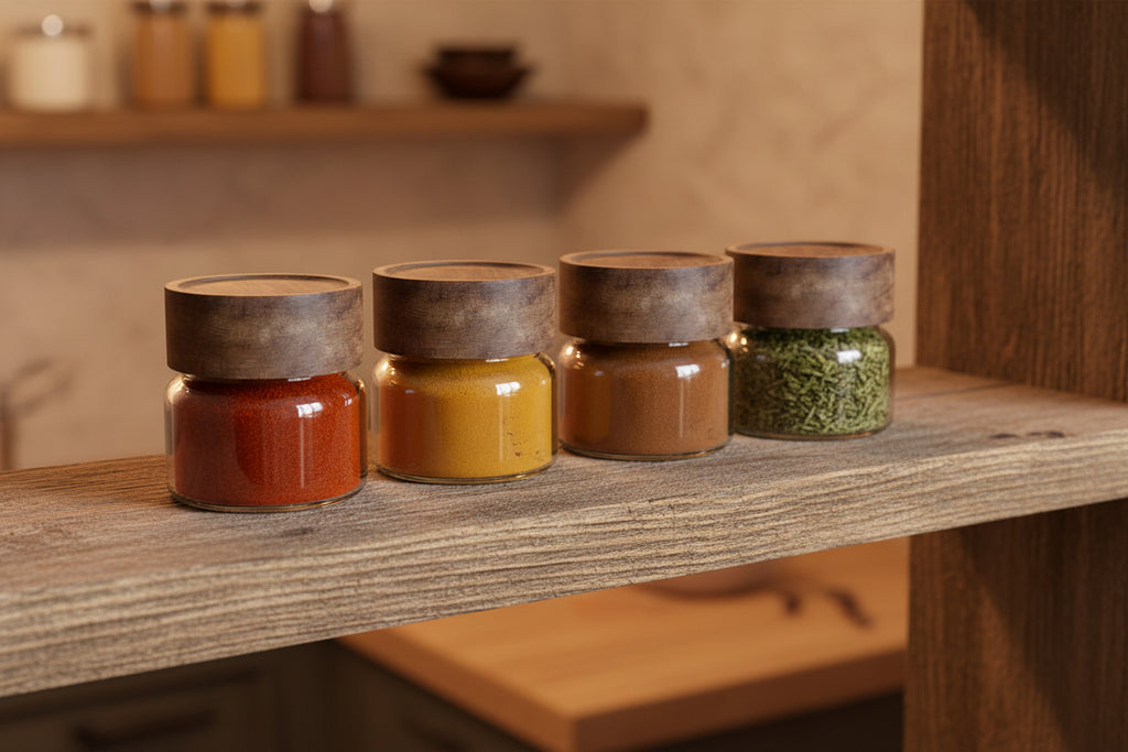 SET of 4 PREMIUM Acacia Lid Spice Jars (3.3 oz), Secure Lid Spice Jars, Acacia Screw Cap Jars