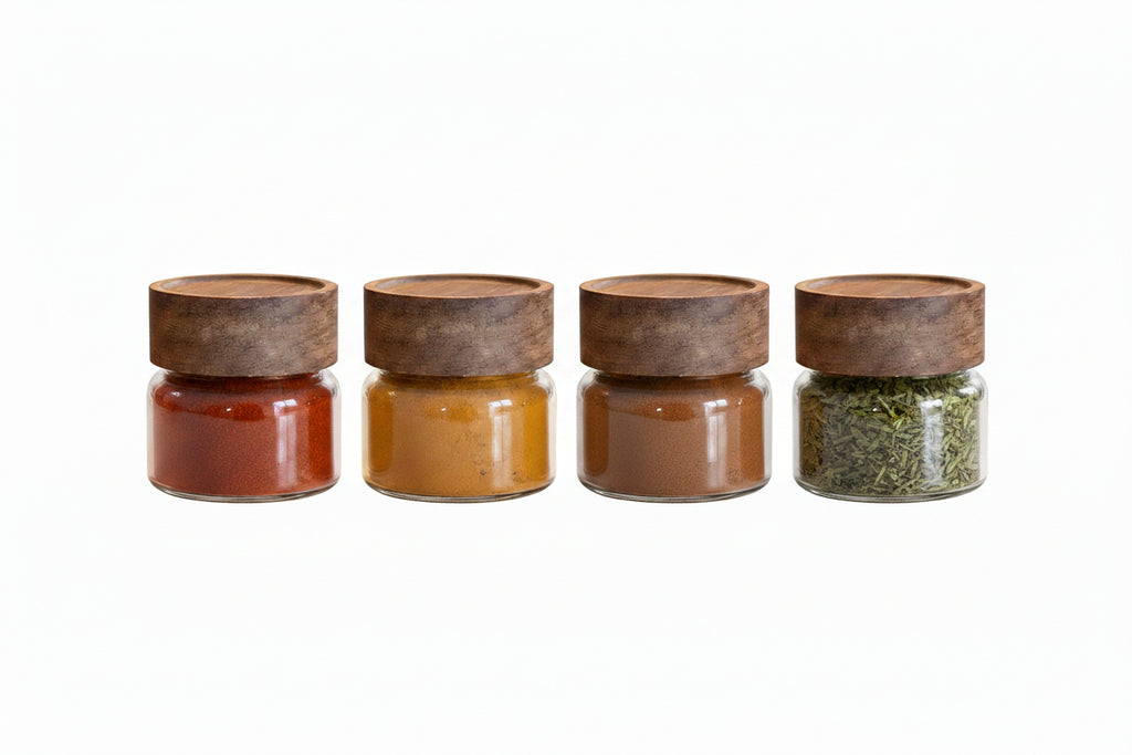 SET of 4 PREMIUM Acacia Lid Spice Jars (3.3 oz), Secure Lid Spice Jars, Acacia Screw Cap Jars