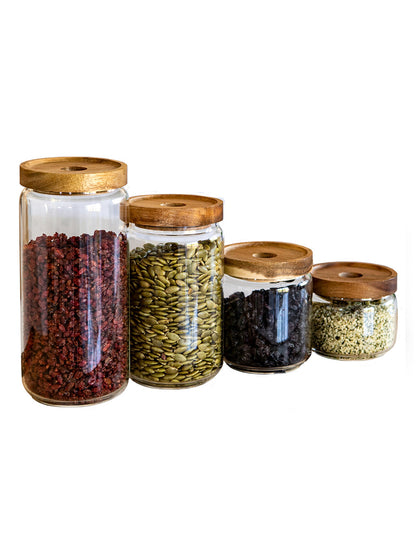 Bundle of Vianna Acacia Lid Spice Jars 3.5" Wide (90mm), (8.5 oz, 15 oz, 25 oz, 32 oz) Spice Containers, Acacia Lid Jars