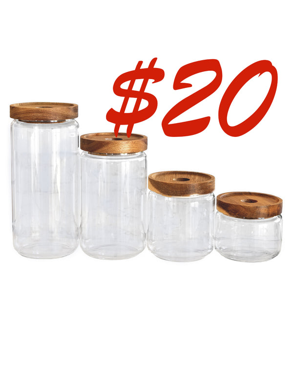Set of 4 Vianna Acacia Lid Spice Jars (8.5 oz, 15 oz, 25 oz, 32 oz), Spice Containers, Acacia Lid Jars