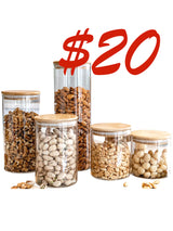 Set of 5 Round Bamboo Lid Jars (27, 40, 50, 77, 100 oz. ), Pasta Container,  Flour Container, Cereal Container