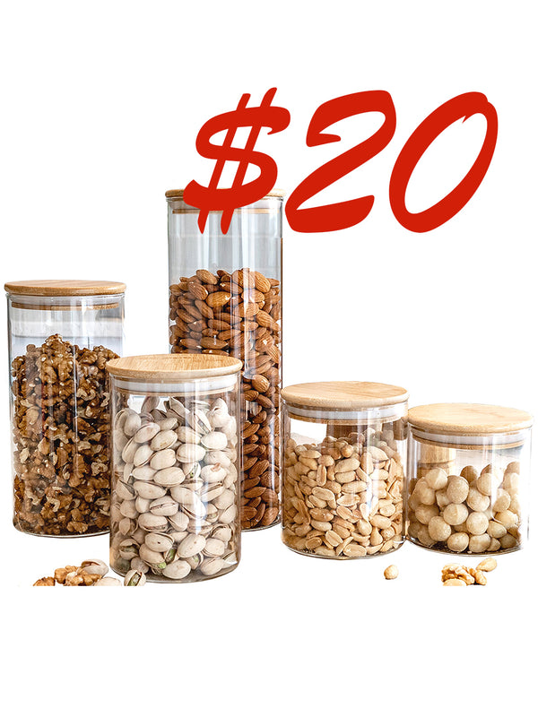 Set of 5 Round Bamboo Lid Jars (27, 40, 50, 77, 100 oz. ), Pasta Container,  Flour Container, Cereal Container