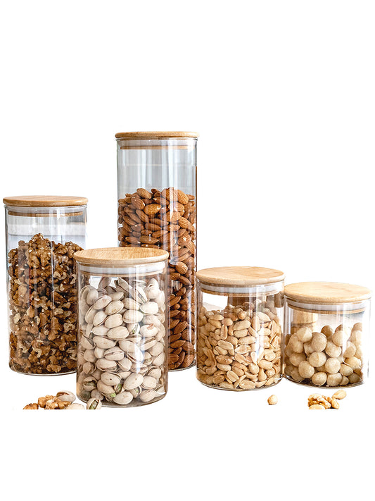 Bundles of 5 Round Bamboo Lid Jars (27, 40, 50, 77, 100 oz. ), Pasta Container,  Flour Container, Cereal Container