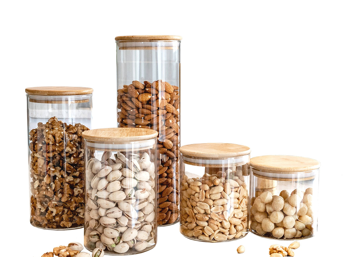 Units Of Round Bamboo Lid Jars (27 oz, 40 oz, 50 oz, 77 oz, 100 oz), Pasta Container,  Flour Container, Cereal Container
