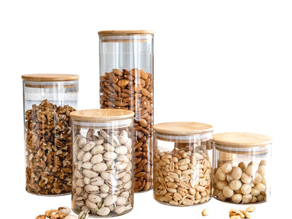 Units Of Round Bamboo Lid Jars (27 oz, 40 oz, 50 oz, 77 oz, 100 oz), Pasta Container,  Flour Container, Cereal Container