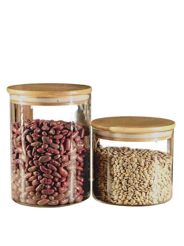 Set of 2 Round Bamboo Lid Jars (34,51 oz. ), Cereal Container, Flour Container, Lasagna Container