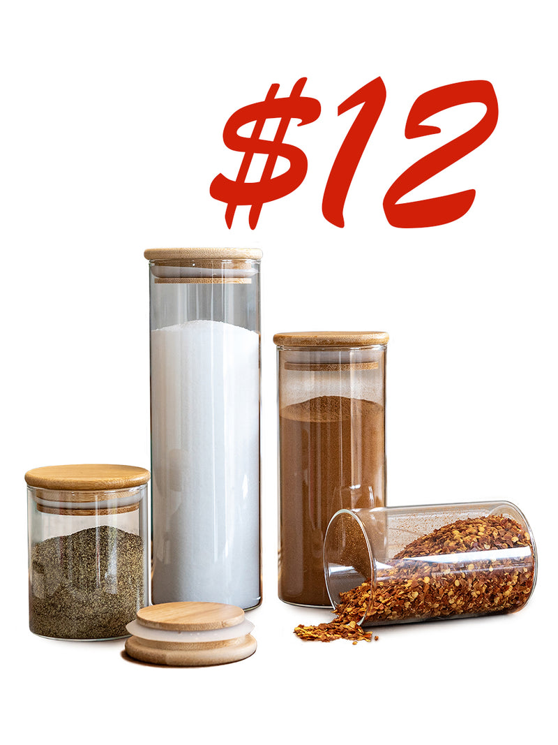 Set of 4 Round Bamboo Spice Jars (2.5" Wide), Jars for Spices (8.5, 10, 12, 15 oz), Airtight Containers