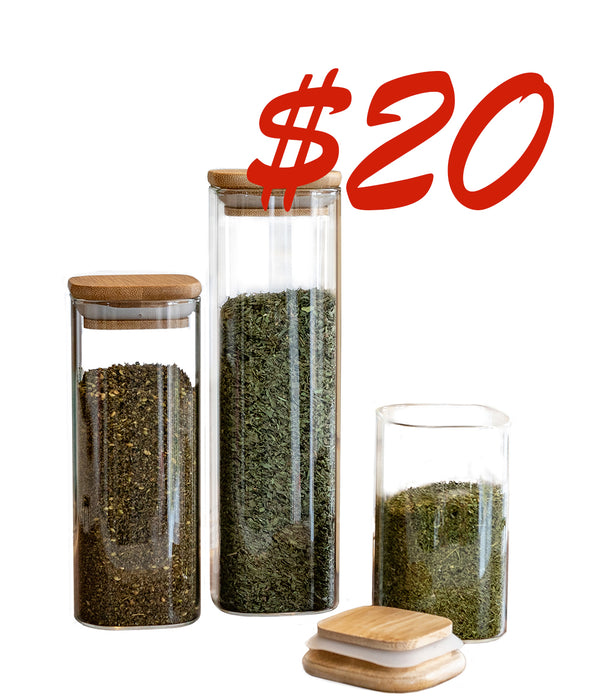 Set of 5 Square Bamboo Lid Jars 2.5" wide (6, 7.5, 11, 13.5, 16 oz), Food Containers, Jars for Spices