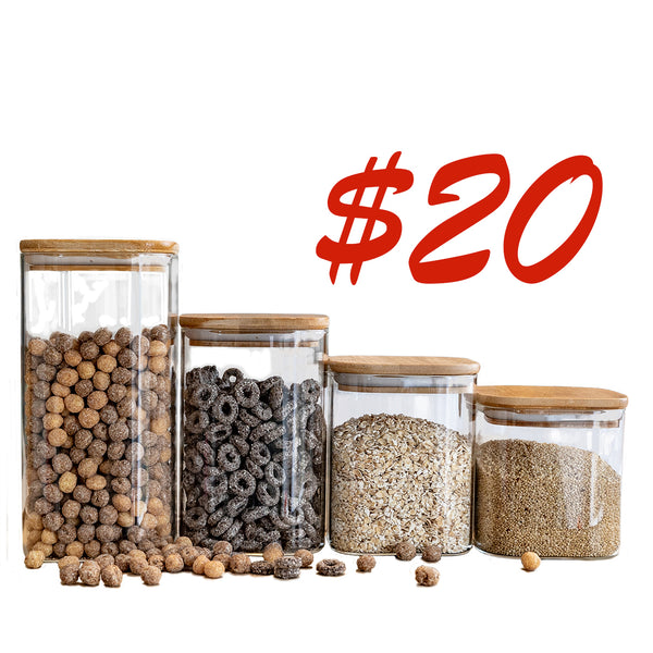 Set of 4 Square Bamboo Jars (24, 29, 34, 44 oz. ), Pantry Storage Containers, Flour Container, Cereal Container