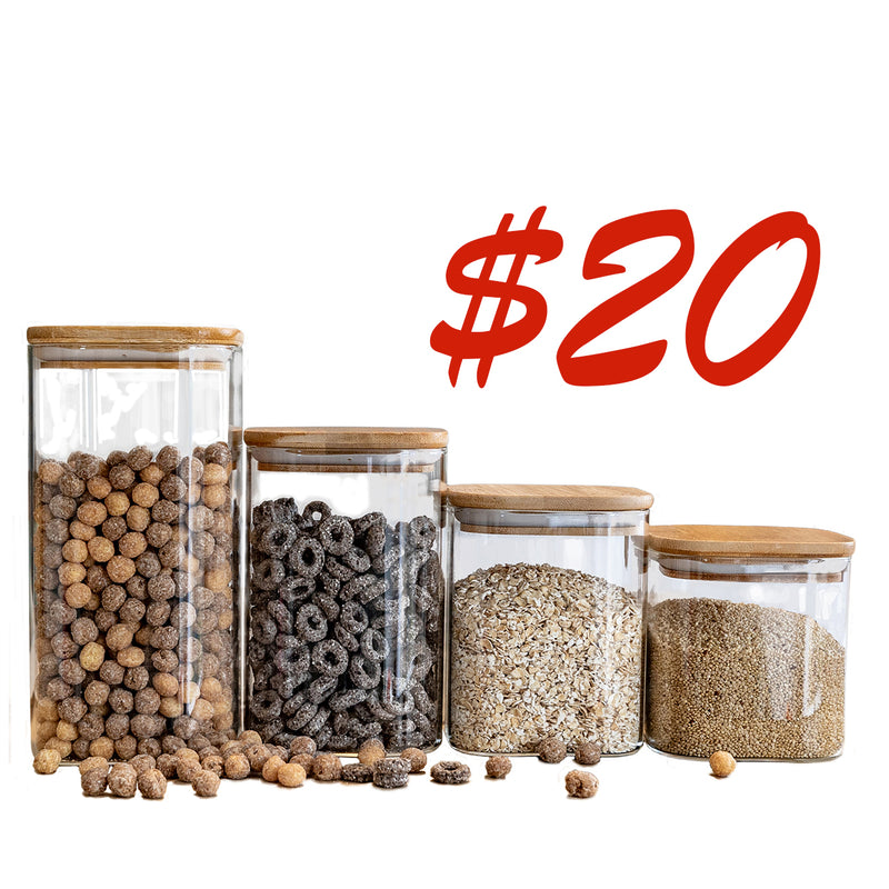Set of 4 Square Bamboo Jars (24, 29, 34, 44 oz. ), Pantry Storage Containers, Flour Container, Cereal Container