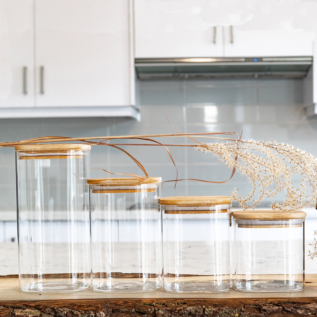 Units of Square Bamboo Jars (24 oz, 29 oz, 34 oz, 44 oz), Pantry Storage Containers, Flour Container, Cereal Container