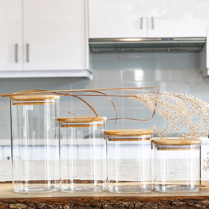 Units of Square Bamboo Jars (24 oz, 29 oz, 34 oz, 44 oz), Pantry Storage Containers, Flour Container, Cereal Container