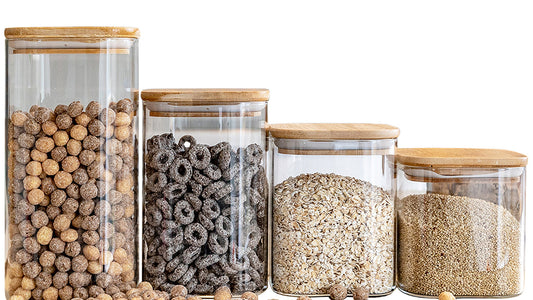 Units of Square Bamboo Jars (24 oz, 29 oz, 34 oz, 44 oz), Pantry Storage Containers, Flour Container, Cereal Container