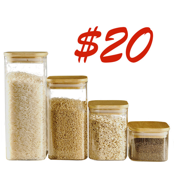 Set of 4 Square Bamboo Lid Jars (6.5, 13.5, 22, 27 oz.), Glass Jars with Bamboo Lids, Cereal Container